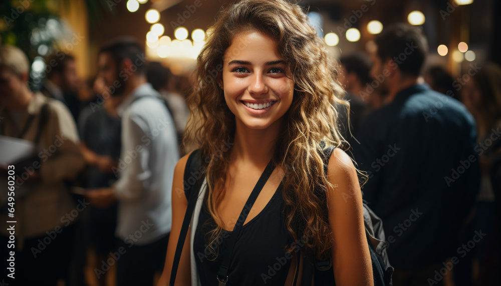 Young adults enjoying nightlife, smiling, looking at camera, carefree and confident generated by AI