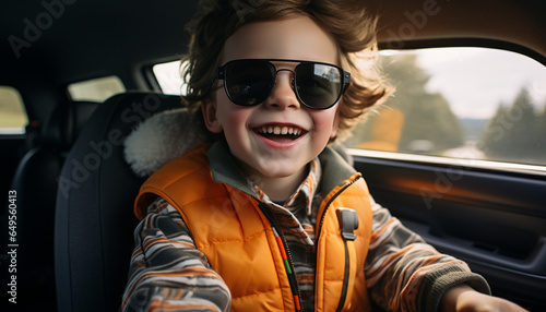 Smiling Caucasian boy driving car, enjoying road trip outdoors generated by AI