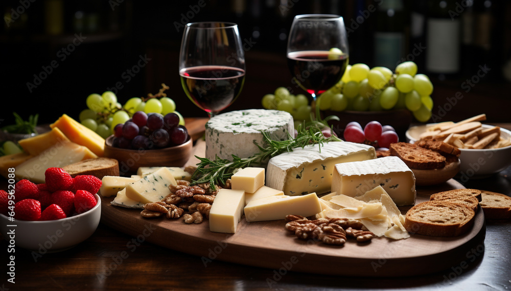 A gourmet meal wine, cheese, bread, fruit, on a rustic table generated by AI