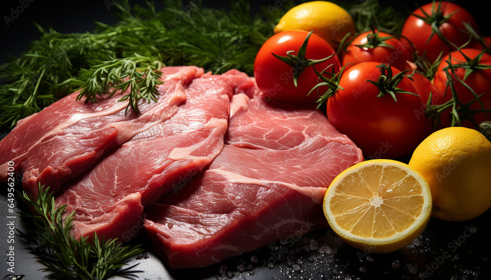 Fresh steak slice, close up Healthy, gourmet meal Barbecue grill preparation generated by AI Fresh steak slice, close up Healthy, gourmet meal Barbecue grill preparation generated by AI
