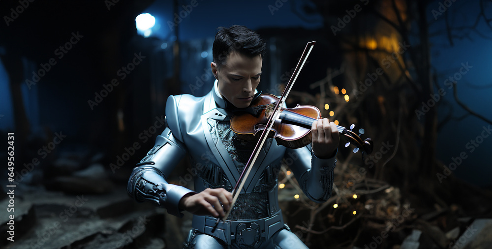 Fototapeta premium a robot play violin shades of blue hd wallpaper