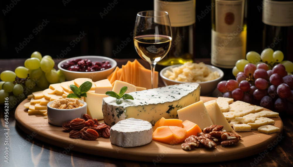 Gourmet French food Camembert, Brie, and Gouda on wooden tray generated by AI Gourmet French food Camembert, Brie, and Gouda on wooden tray generated by AI