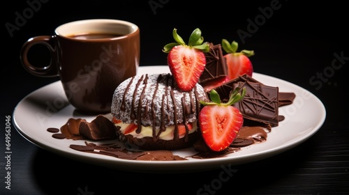 A plate of desserts with a cup of chocolate and strawbery © Berkahmu