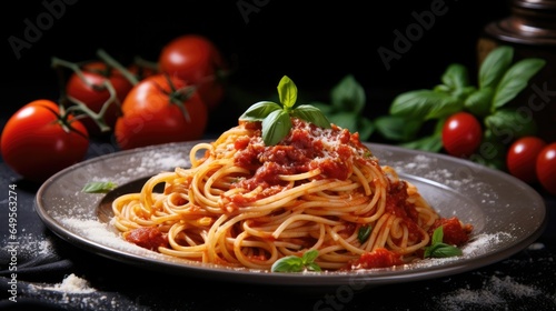 A plate of spaghetti with tomato sauce and spaghetti