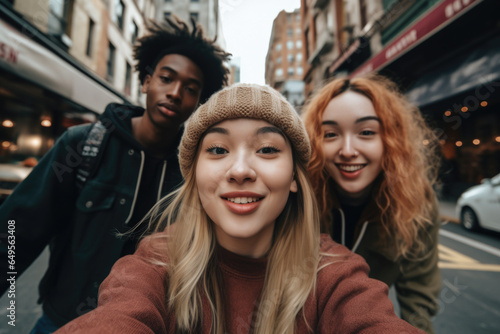 Group of young people capturing moment together on city street. Perfect for social media, travel, and lifestyle themes. © vefimov