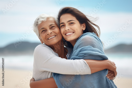 Two women embracing each other on beautiful sandy beach. Perfect for showcasing friendship, love, and togetherness. Ideal for social media posts, travel blogs, and promotional materials.