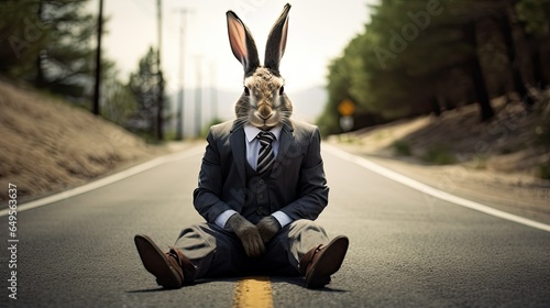 A rabbit wearing a suit and tie sits on a road