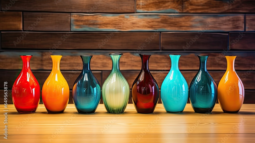 A row of colorful vases on a wooden table