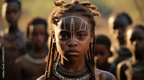 Ethnic groups of Africa, Tribe, kids from a African tribe with cultural tattoos make-up, Culture.