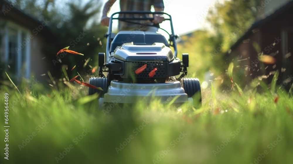 Man cutting grass with lawn mower in garden. Man cutting grass with lawn mower in garden.