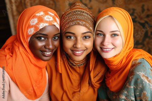 Three women wearing headscarves posing for picture. Suitable for diverse and multicultural concepts.