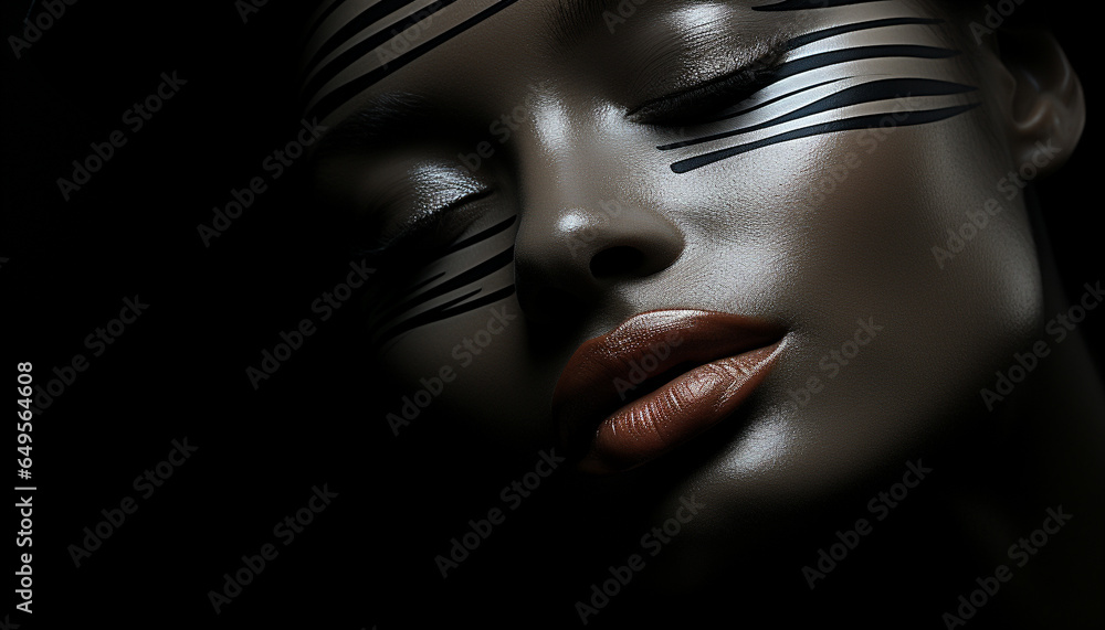Beautiful woman with dark hair looking at camera, sensuality shines generated by AI Beautiful woman with dark hair looking at camera, sensuality shines generated by AI