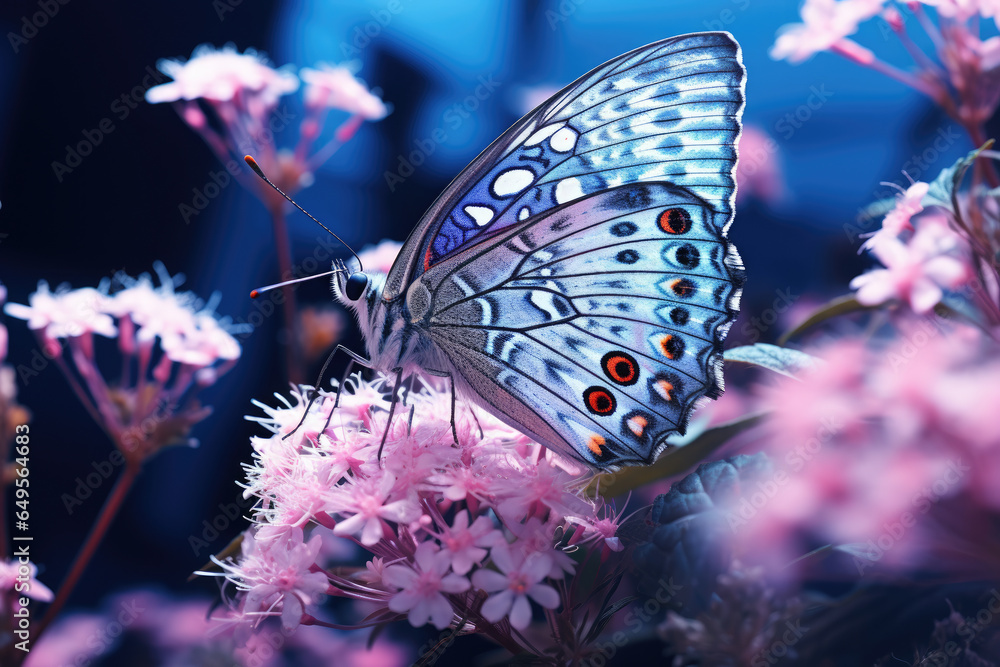 Naklejka premium Beautiful blue butterfly perched on top of vibrant pink flower. Perfect for nature lovers and garden enthusiasts.