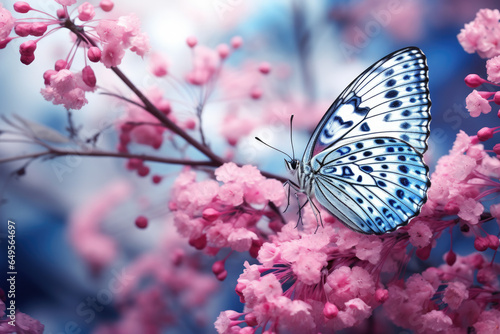 Beautiful blue and white butterfly perched on vibrant pink flower. Perfect for nature-themed designs and illustrations. © vefimov