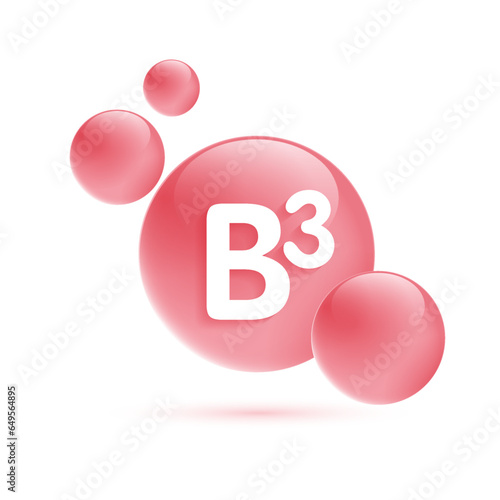 Drop water vitamin B3 red and structure. vitamin solution complex with chemical formula from nature. beauty treatment nutrition skin care design. medical and scientific concepts for cosmetic. vector.