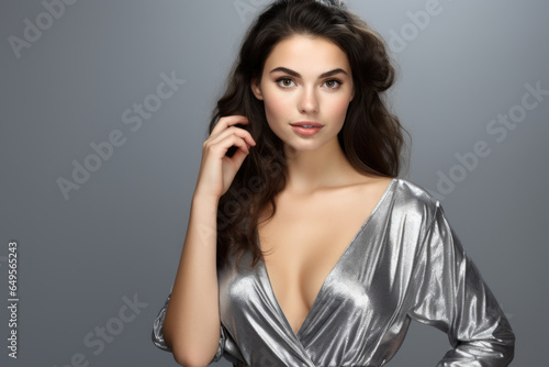 Woman wearing silver dress poses for picture. This image can be used for fashion photography or as concept of elegance and style.