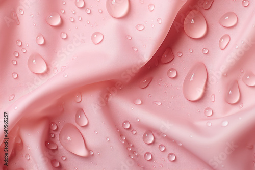 Water droplets are seen in close-up on pink fabric. This image can be used to depict freshness, cleanliness, or as background for beauty or fashion-related content.