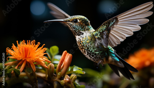 Hummingbird hovering, spreading wings, pollinating vibrant flowers in nature generated by AI