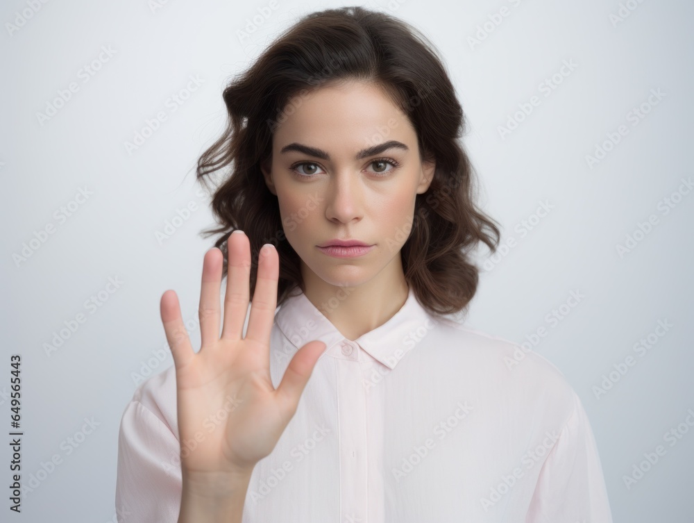 Young brunet woman shows stop gesture, disagrees, generative ai Young brunet woman shows stop gesture, disagrees, generative ai