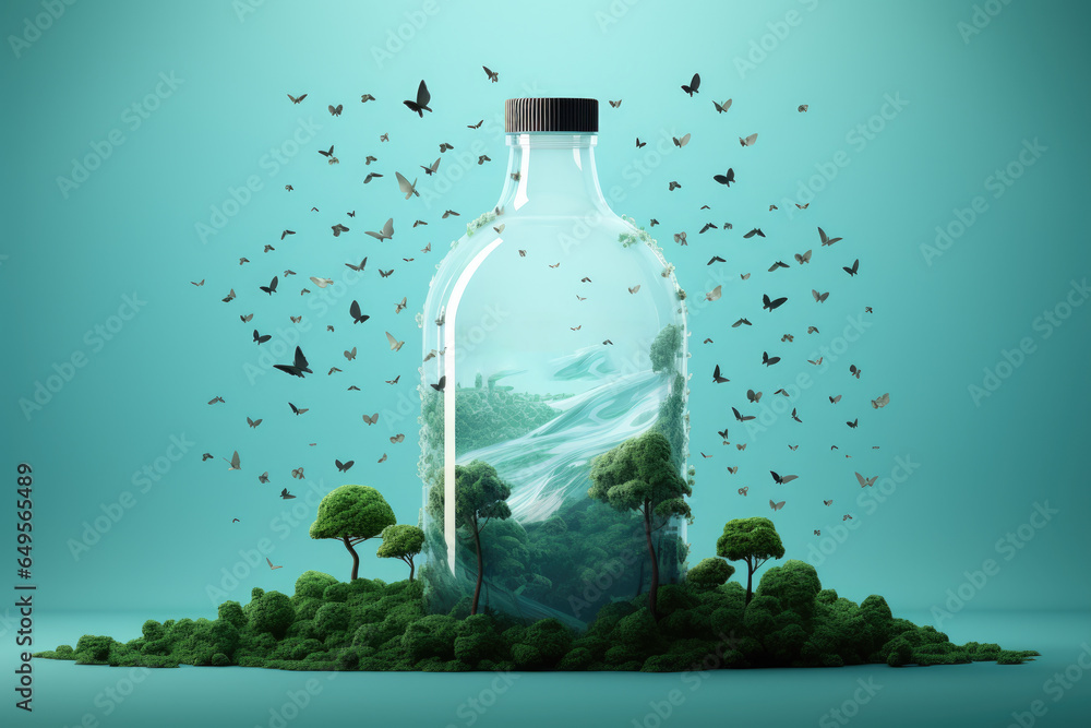 Bottle filled with numerous birds in flight. This captivating image can be used to depict freedom, nature, or concept of breaking free from constraints. Bottle filled with numerous birds in flight. This captivating image can be used to depict freedom, nature, or concept of breaking free from constraints.