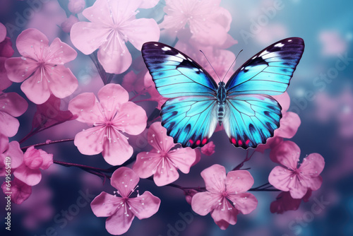 Beautiful blue butterfly perched on top of vibrant pink flower. Perfect for nature lovers and garden enthusiasts.