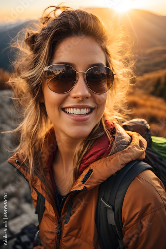 wide angle shot of happy young hiker woman wearing sunglasses on the top of mountain during late autumn late sunset with sun flares in the background. Image created using artificial intelligence.