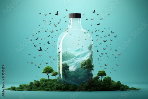 Bottle filled with numerous birds in flight. This captivating image can be used to depict freedom, nature, or concept of breaking free from constraints.