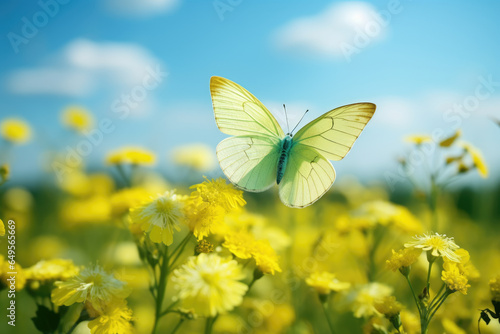 Beautiful butterfly gracefully flies over field of vibrant yellow flowers. Nature and delicate beauty of butterfly. Any nature-themed project or to add touch of color and tranquility to any design. © vefimov