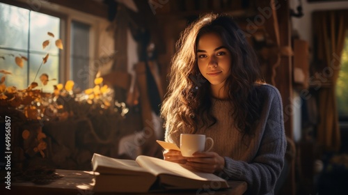 teen in a cozy room with books and coffee, autumn concept