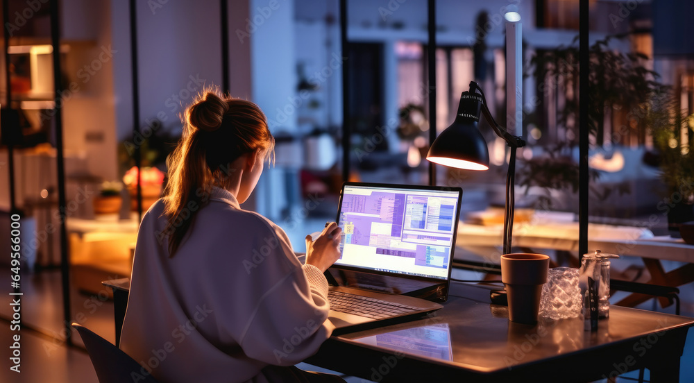Businesswoman analyzing marketing graph report on laptop computer at office, Working overtime at project, Developing business ideas. Businesswoman analyzing marketing graph report on laptop computer at office, Working overtime at project, Developing business ideas.