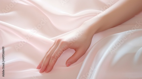 Female hand on cream background  beautiful and smooth  ecrue  generative ai