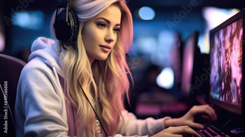Professional streamer girl gamer playing online games computer at home.