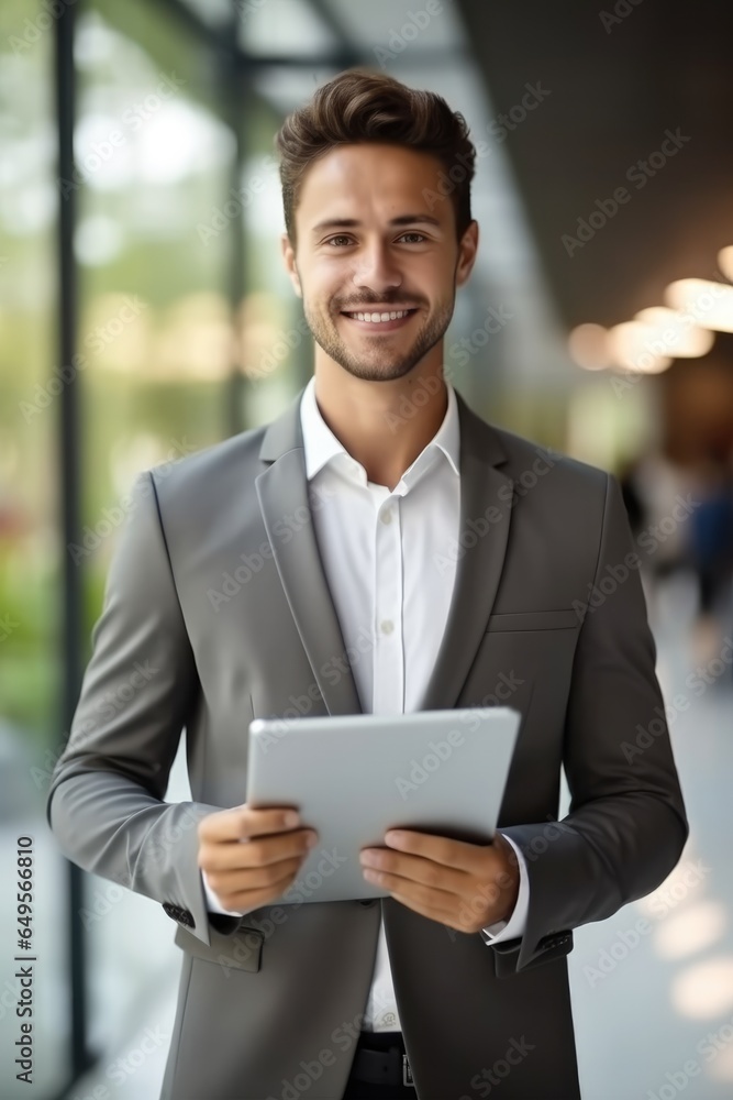 Young businessman holding pad computer in hands at modern office. Young businessman holding pad computer in hands at modern office.
