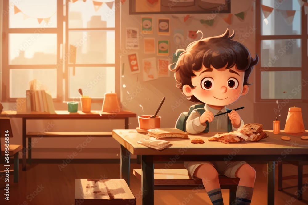 Illustration of one preschooler having lunch break in school. Illustration of one preschooler having lunch break in school.