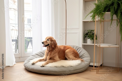 side view of a relaxed golden retriever lying on the dog bed in the sitting room at home and looking away