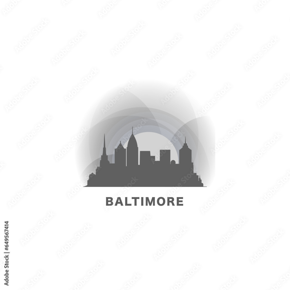 USA United States of America Baltimore modern city landscape skyline logo. Panorama vector flat US Maryland state icon with landmarks, skyscraper, panorama, buildings at sunrise, sunset, night