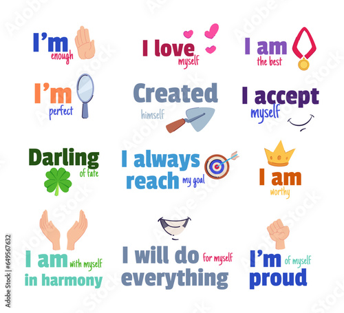 Positive quotes for self-love vector illustrations set. Collection of cartoon drawings with motivational happy text. Self-love, motivation, inspiration, lifestyle, positivity, happiness concept
