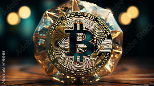 Bitcoins on the table, cryptocurrency background image photo