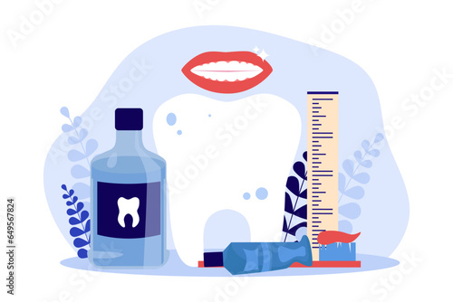 Big tooth with ruler and paste on brush vector illustration. Cartoon drawing of innovative treatment for teeth growth, healthy smile. Oral or dental hygiene, dentistry, health, medicine concept