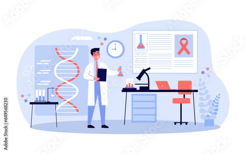 Scientist working on cancer vaccine in lab vector illustration. Cartoon drawing of scientific breakthrough, research for discovering cure for cancer. Cancer, science, development, treatment concept