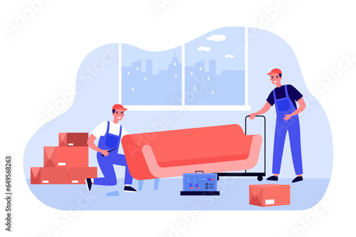 Movers disassembling sofa to move vector illustration. Happy people packing cardboard boxes, preparing to transport property and furniture to new house. Relocation, housing concept