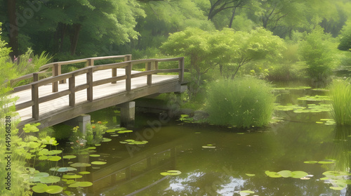 Serene Reflections, The Beauty of Nature Captured in a Tranquil Pond Framed by a Picturesque Wooden Footbridge