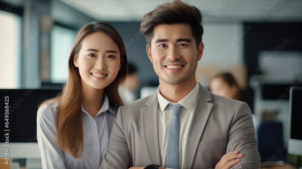 Colleagues Asian Young adult is smiling happy in office together. Colleagues Asian Young adult is smiling happy in office together.