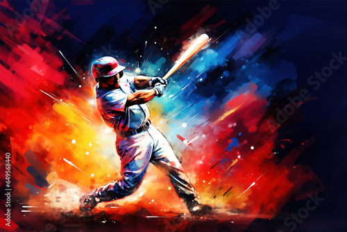 Photo of a baseball player swinging a bat in a vibrant painting