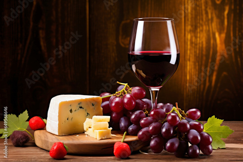 Photo of a rustic wine and cheese spread on a wooden table