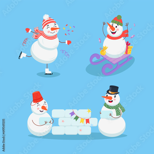 Snowmen having fun in winter vector illustrations set. Happy frosty friends in hats and scarfs ice skating, sledding and building ice fort together. Winter activities, Christmas, holiday concept