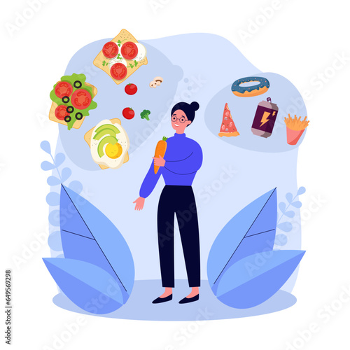 Woman choosing healthy food over junk food vector illustration. Girl eating carrot, thinking of healthy sandwiches instead of pizza, donuts, soda. Healthy lifestyle, diet, nutrition, junk food concept
