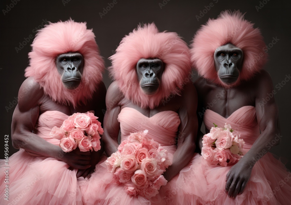 Obraz premium A playful group of anthropomorphic monkeys wearing vibrant pink dresses brings a fun and colorful energy to the indoor space