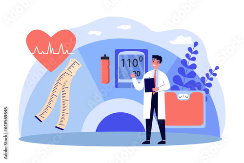 Nutritionist with weight loss tools vector illustration. Cartoon drawing of happy doctor with measuring tape, weighing scales, fitness tracker, cardiogram. Weight loss, health, measurement concept