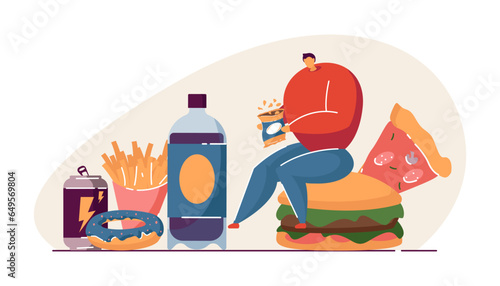 Man sitting on huge burger eating chips vector illustration. Cartoon drawing of overweight man with unhealthy snacks. Junk food, diet, nutrition, obesity, health concept